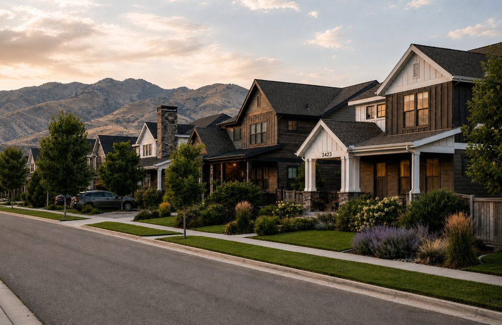 Homes in a Treasure Valley neighborhood at sunset